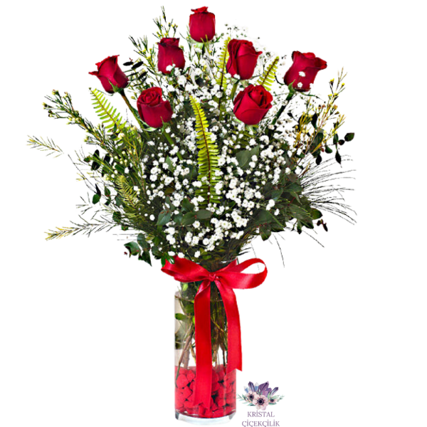  Antalya Çiçek Gönder Silindir Vazoda 7 Adet Kırmızı Gül
