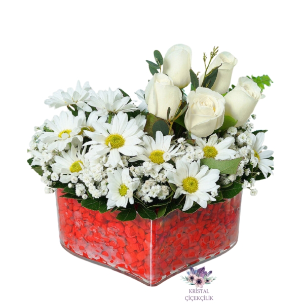  Antalya Çiçek Siparişi Mika Kalp Papatya ve Gül Aranjmanı